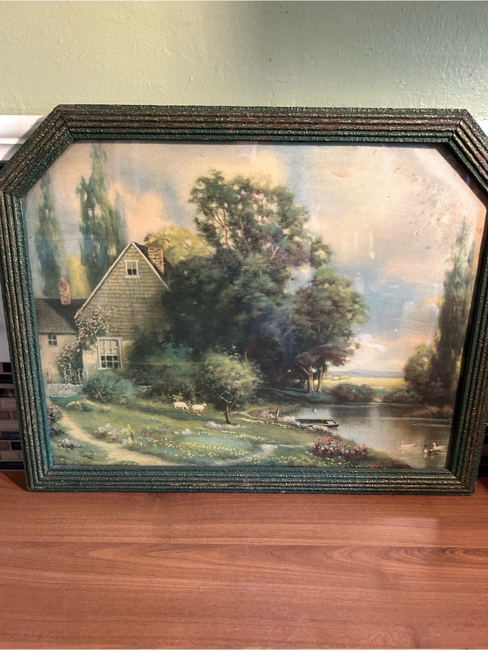Antique Framed Pastoral Landscape Print in Green Frame